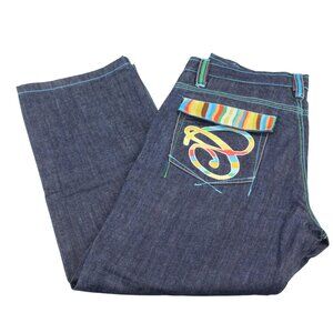 VTG COOGI Jeans 38 X 34 Embroidered Pockets Baggy Y2K Rainbow Colors Dark Wash
